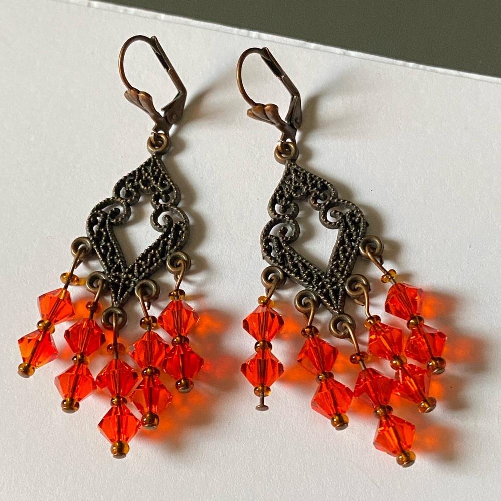Chandelier Dangle Earrings Orange Glass Beads Bronze Tone Metal Earrings